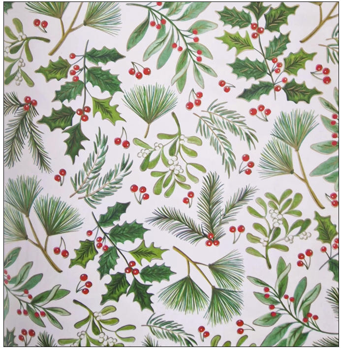 Julepapir med kristtorn og grangrener. B50 cm x 50 mtr.