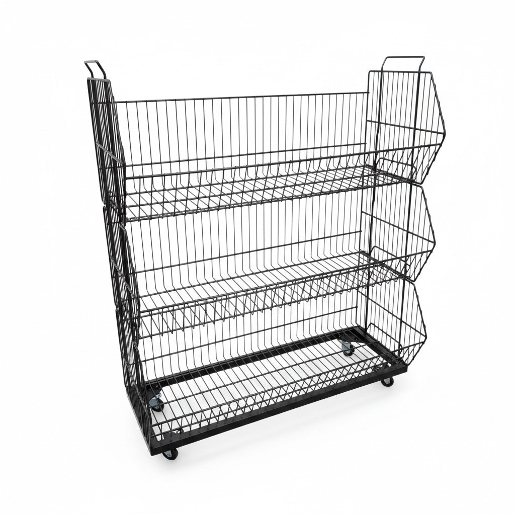 Stabelkurv med 3 kurver og hjul – matt svart, 81 x 43 x H100 cm