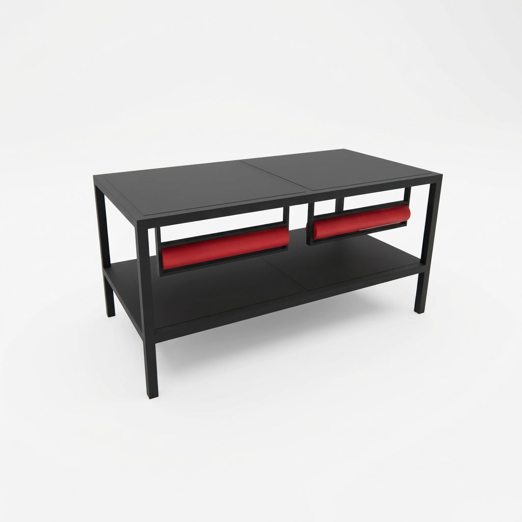 Pakkebord på hjul med svarte bordplater og 2 papirrullholdere – 160 × 80 × 80 cm