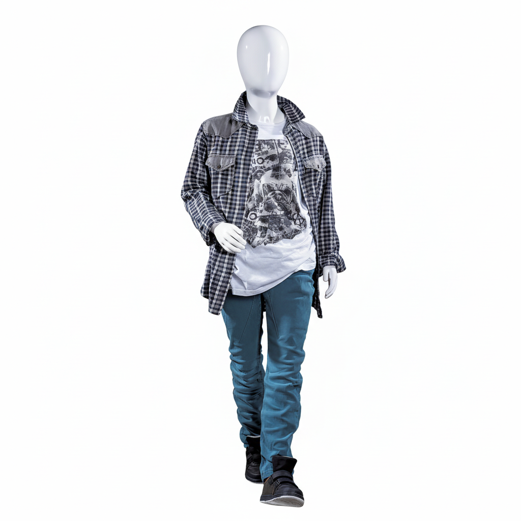 Barnemannekeng, 6 år, med hode, hvit high gloss, m/glas fotplate, H125 cm