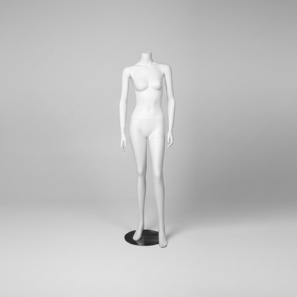 3000 damebutikkemannekeng. Hvit uten hode. Rund metallfot. H 162 cm.