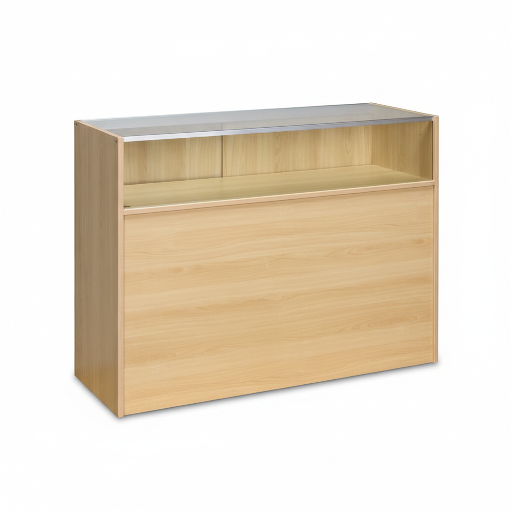 Slimline Disk, glassmodul, med 1/4 glassfront og skyvedører, lønn, B 122 × D 46 × H 96 cm