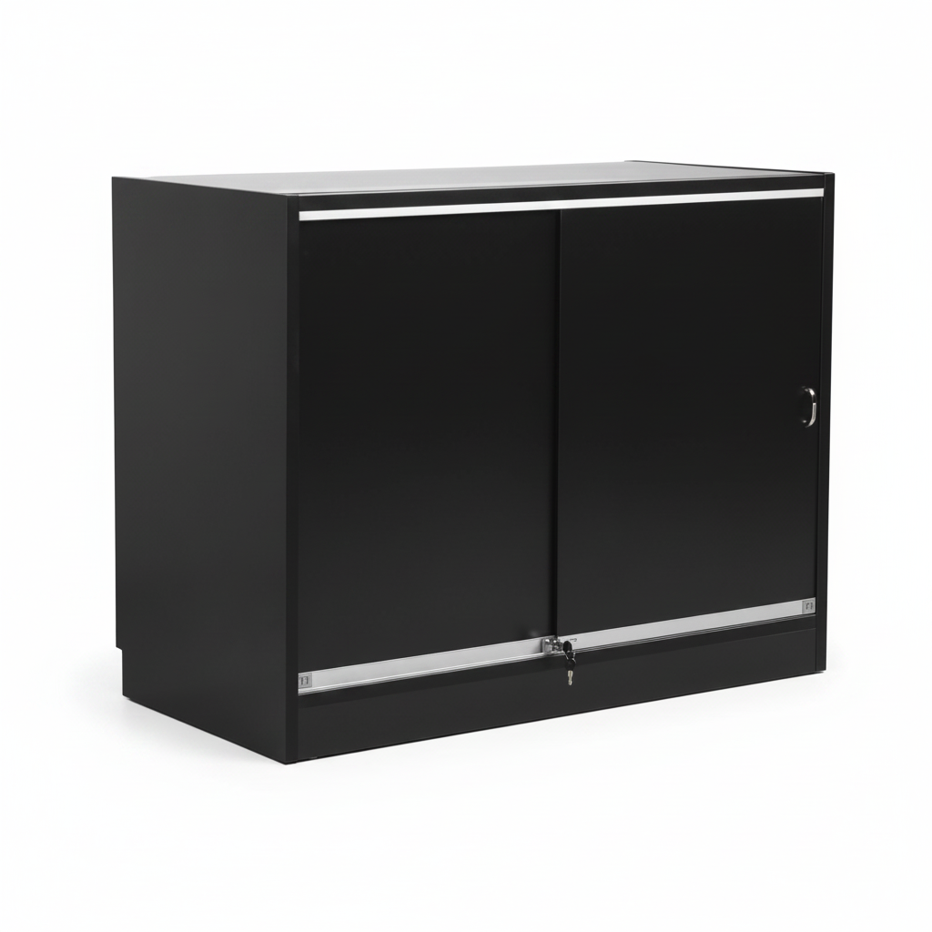 MADS butikkdisk med 1/3 glass, bred, sort. B 120