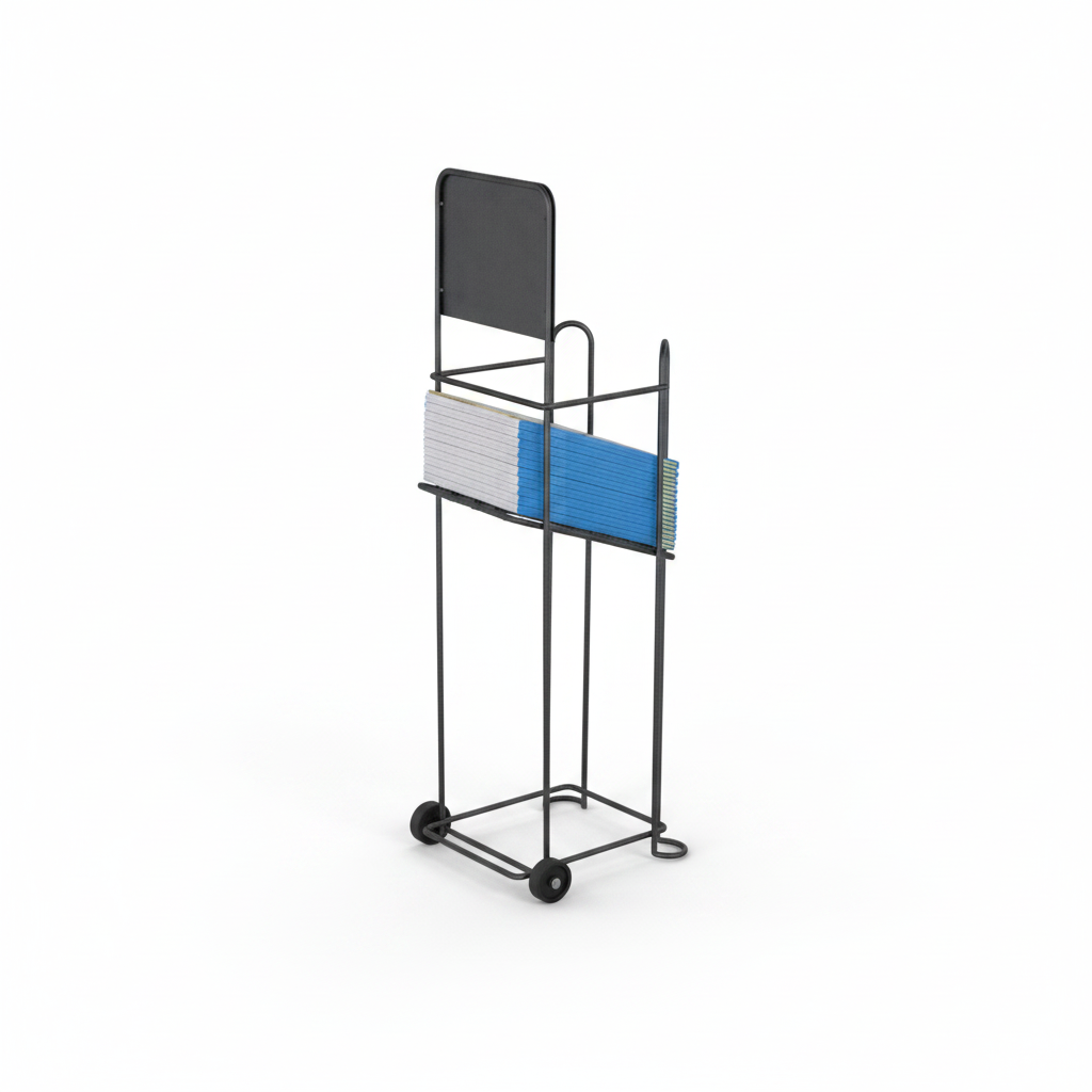 Katalogstativ for A4-ark. Sort metall med hjul og skilt. 25 x H 90 cm