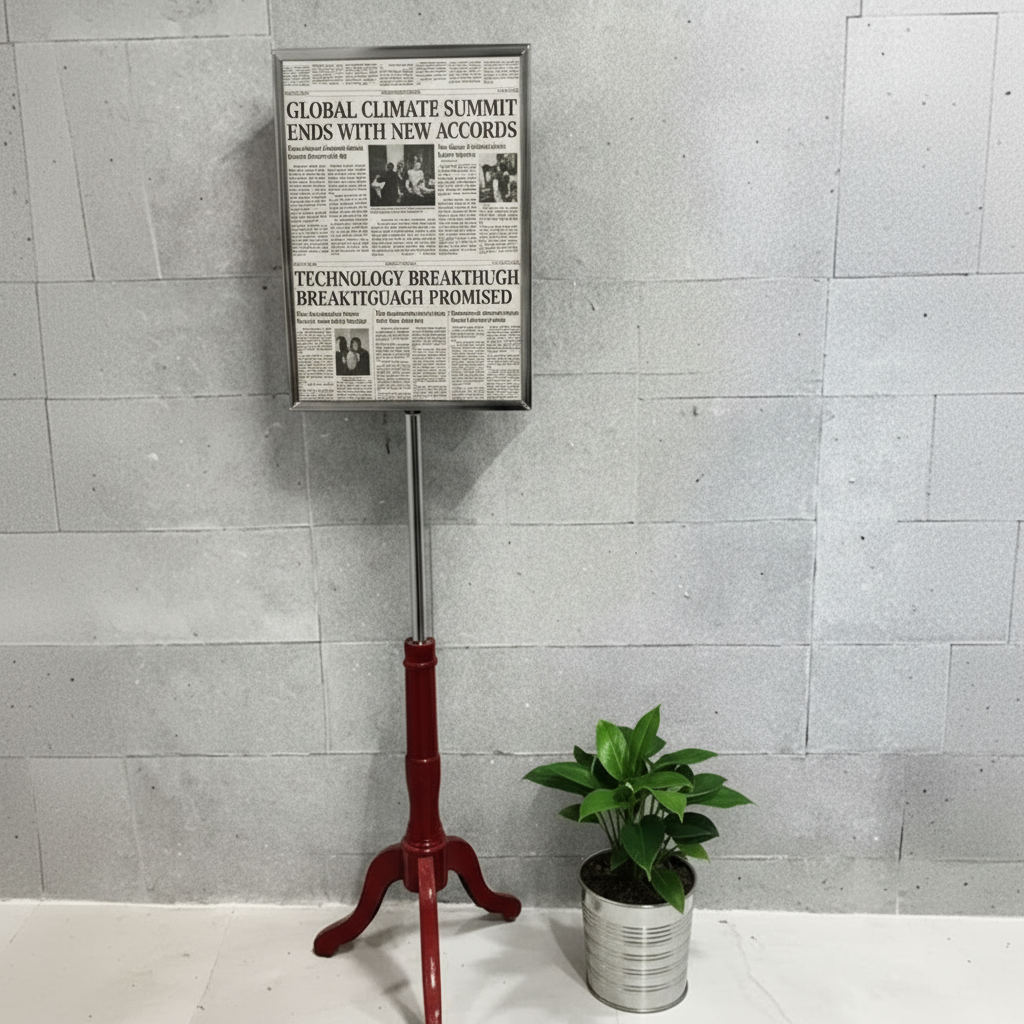 Fransk skiltfot, mahogni, A4-ramme i krom.