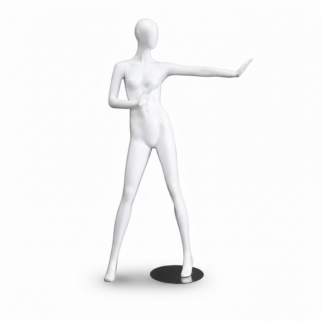 1100 Faceless damebyst. Hvit high gloss med Faceless-hode. H 178 cm. Stop disko
