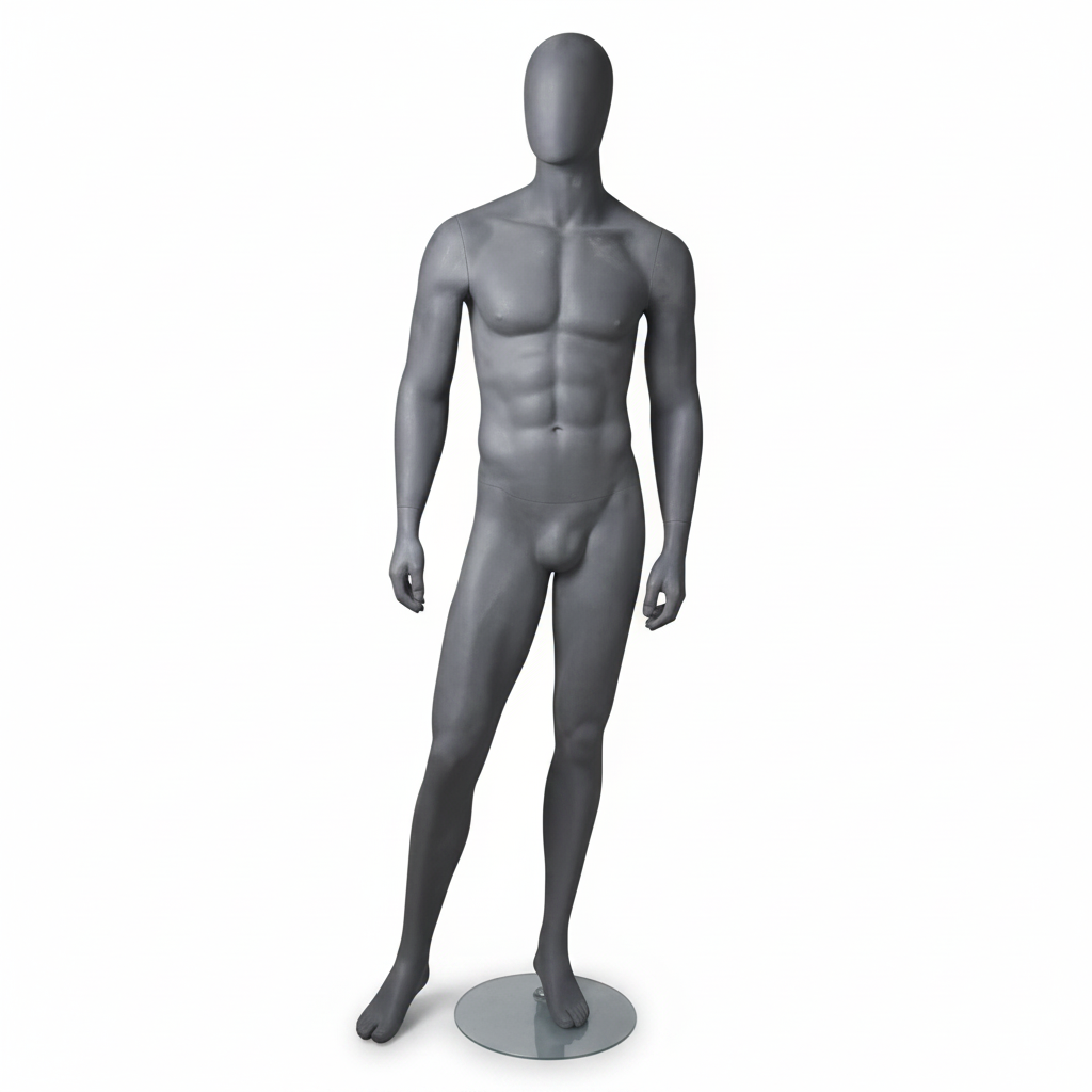1600 Faceless herremannequin. Grå matt med Faceless hode. H184 cm. Metall fotplate