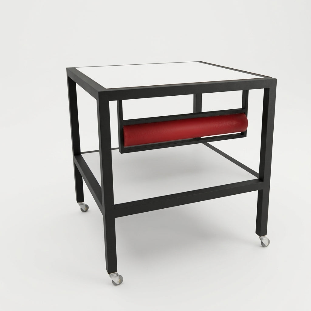 Pakkebord på hjul med hvite bordplater og papirrullholder – 80 × 80 × 80 cm