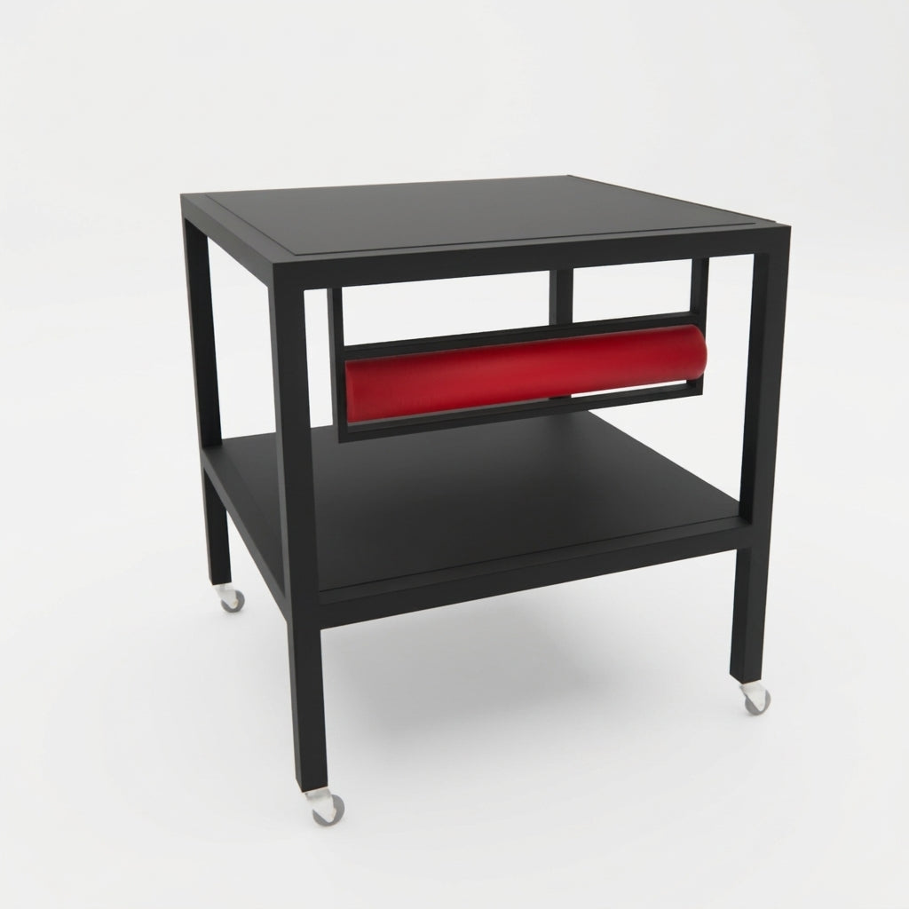 Pakkebord på hjul med svarte bordplater og papirrullholder – 80 × 80 × 80 cm