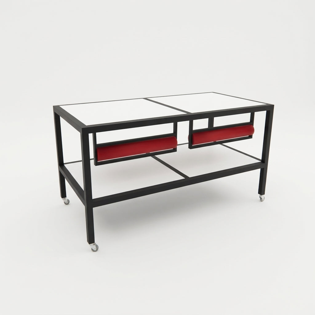 Luton pakkebord på hjul med hvite bordplater – 160 × 80 × 80 cm, inkl. 2 papirrullholder