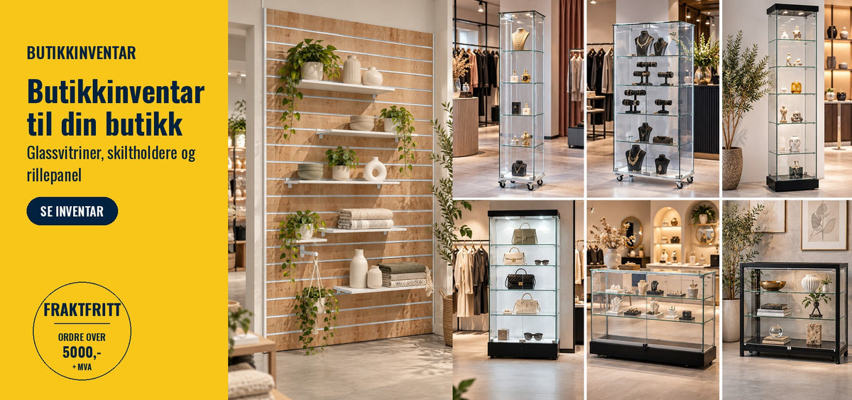 Butikkinventar – glassvitriner, skiltholdere og rillepanel