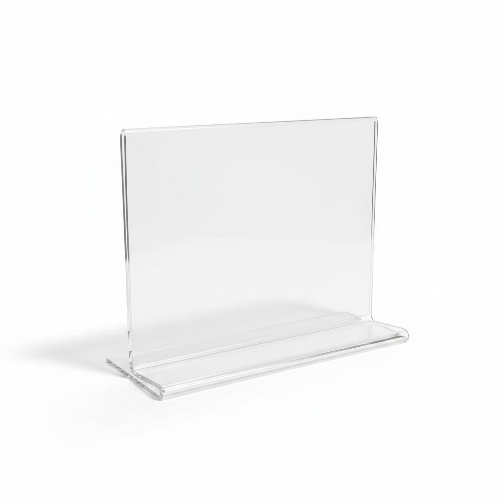 SuperSellerS A6 landscape acrylic sign holder for tabletop display with a clear, straight design.