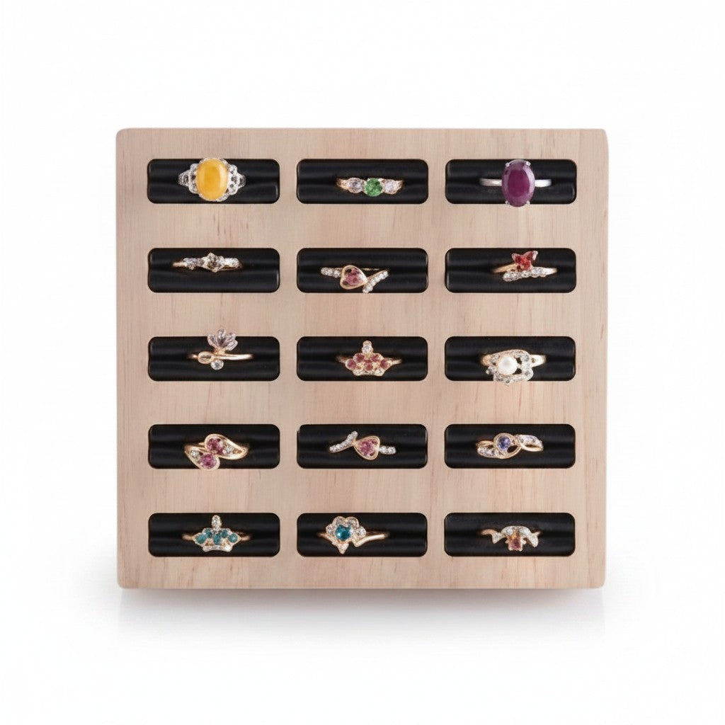SuperSellerS square bamboo ring display tray with 15 slots and black velvet inserts holding various gemstone rings