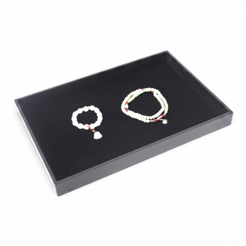 SuperSellerS black flock jewelry display tray with one compartment holding two beaded bracelets
