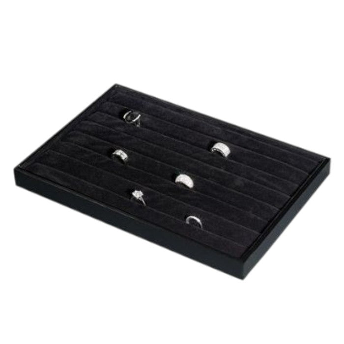 SuperSellerS black flocked ring display tray with 7 rows for organizing jewelry, measuring 14x23x3 cm.