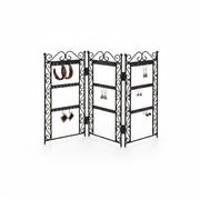 SuperSellerS black metal folding earring display stand with decorative scrollwork, holding multiple pairs of earrings