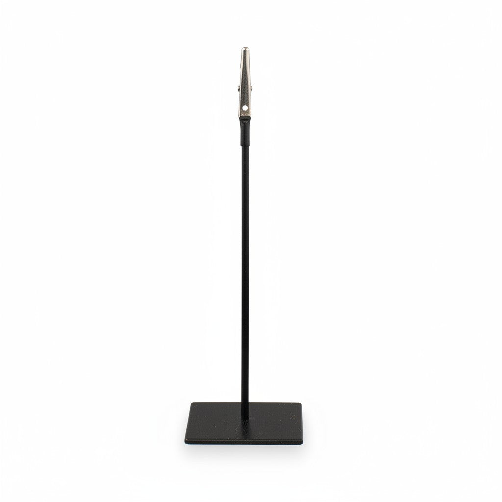 SuperSellerS black sign holder with a 20 cm tall stand and a metal crocodile clip for displaying retail signage.