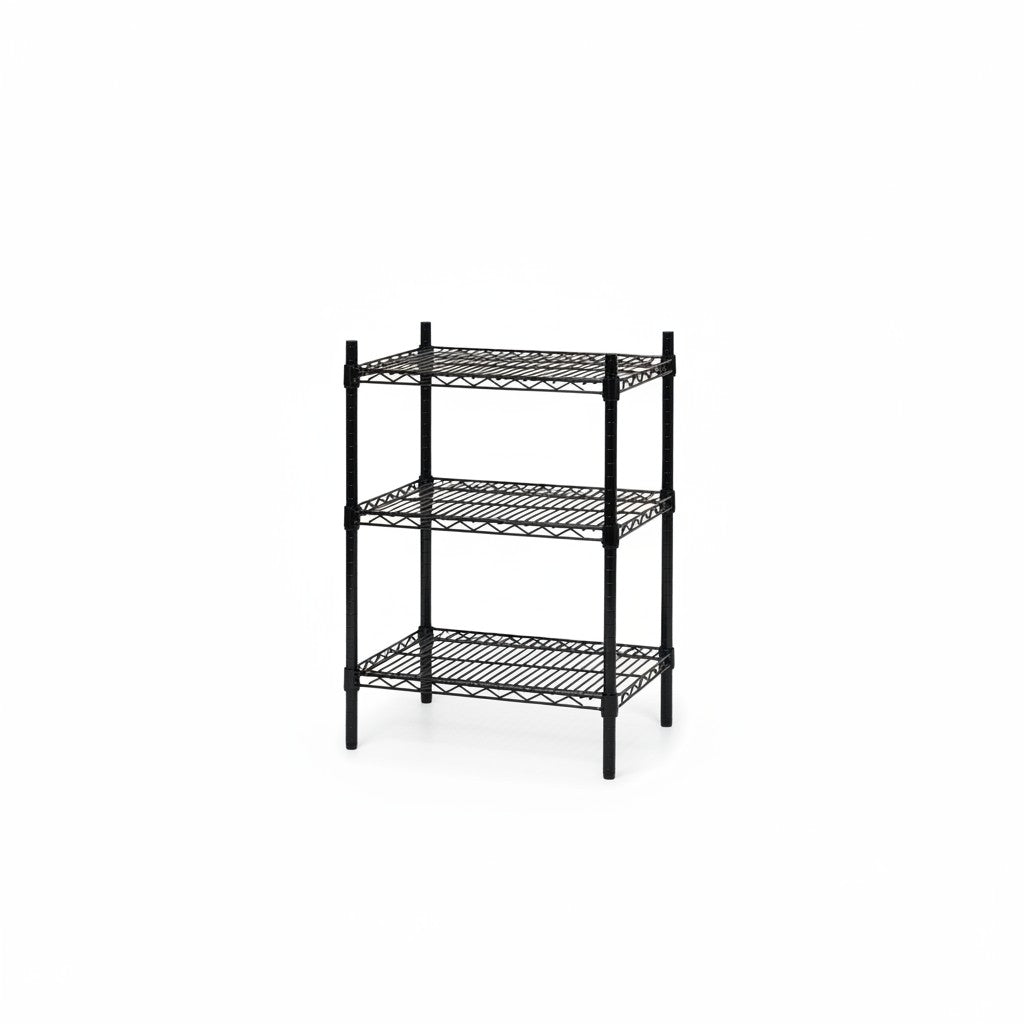 SuperSellerS black wire shelving unit with three tiers, measuring 61cm wide, 46cm deep, and 90cm high.
