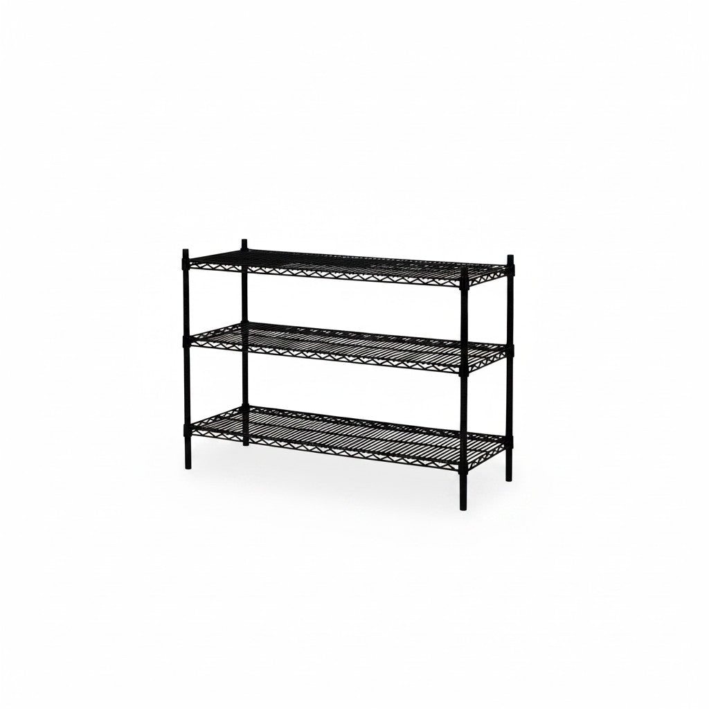 SuperSellerS black TUBO wire shelving unit with three tiers, measuring 122cm wide and 90cm high.