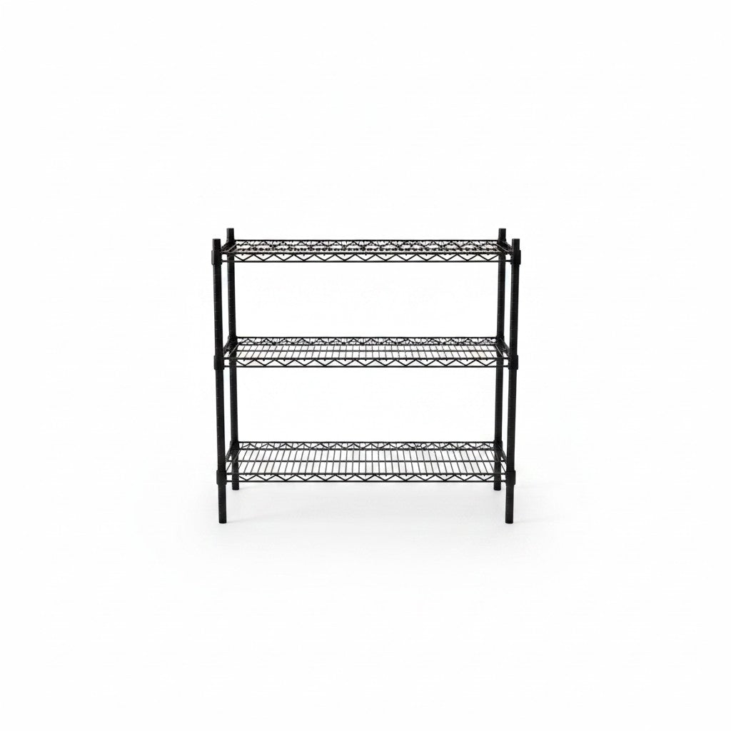 SuperSellerS black wire shelving unit with three tiers, measuring 91cm wide and 90cm high for versatile storage.