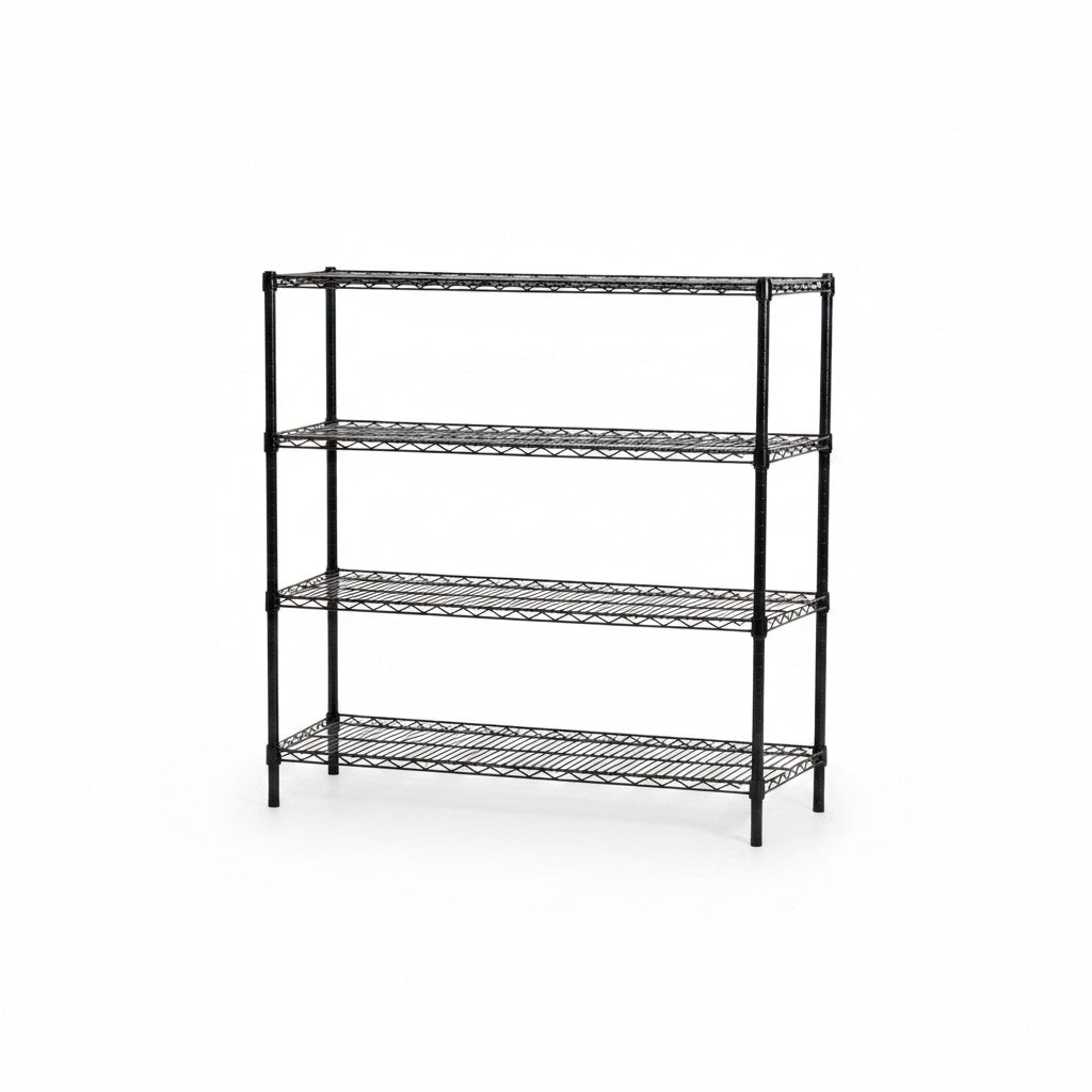 SuperSellerS black wire shelving unit with four tiers for storage or display, measuring 122x36x160 cm.