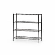 SuperSellerS black wire shelving unit with four tiers for storage or display, measuring 122x36x160 cm.