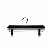 SuperSellerS 35cm black lacquered wooden trouser hanger with durable plastic clips and a moisture-resistant hook.