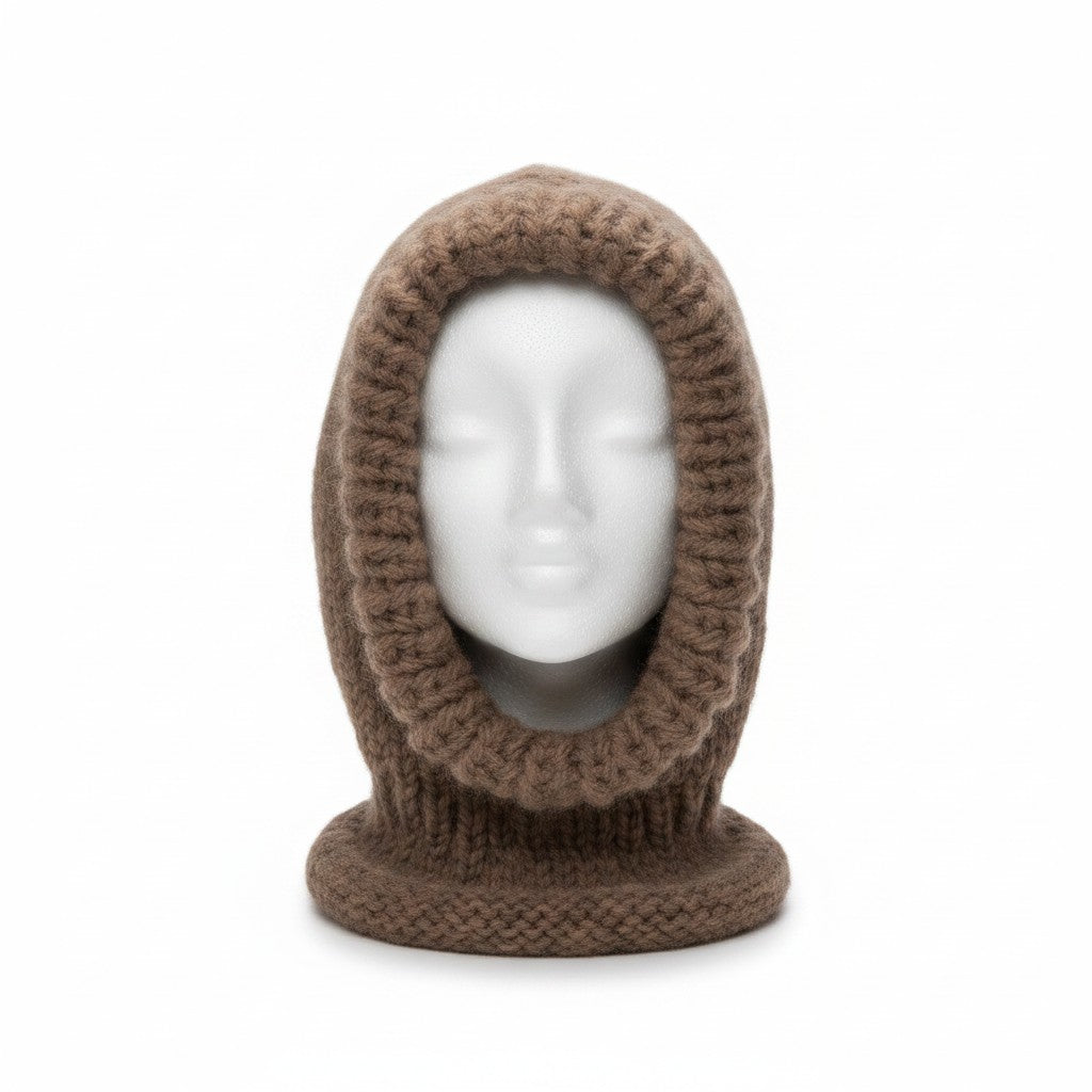 SuperSellerS white female mannequin head wearing a brown knitted balaclava hood on a white background