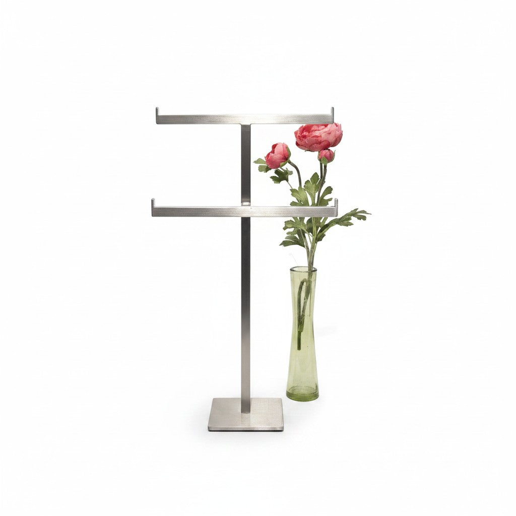 SuperSellerS double T-bar display stand in brushed satin chrome for jewelry and bracelets, 42 cm high.