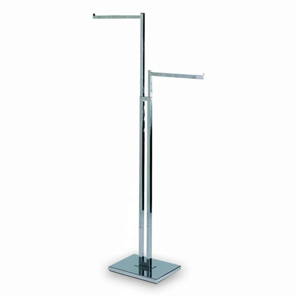 SuperSellerS height-adjustable chrome clothing display stand with two straight arms and a square base