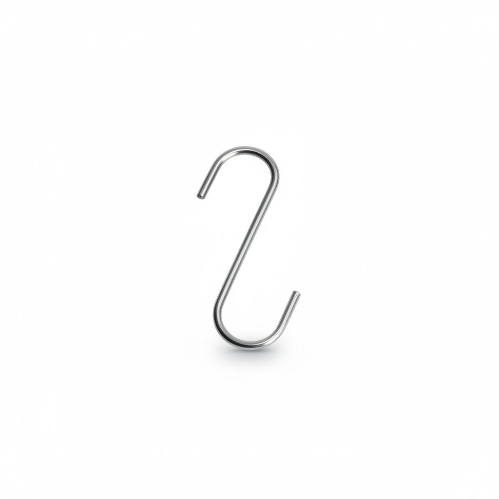 SuperSellerS 6 cm chrome S-hook for hanging signs and decorative items, shown individually.