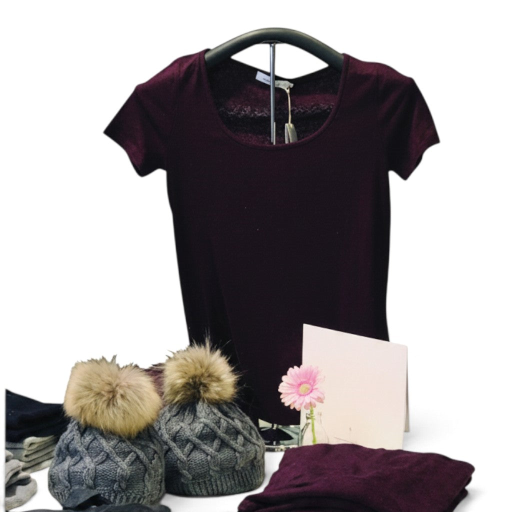 SuperSellerS chrome t-shirt display stand with a foam hanger holding a dark purple shirt, next to winter hats.