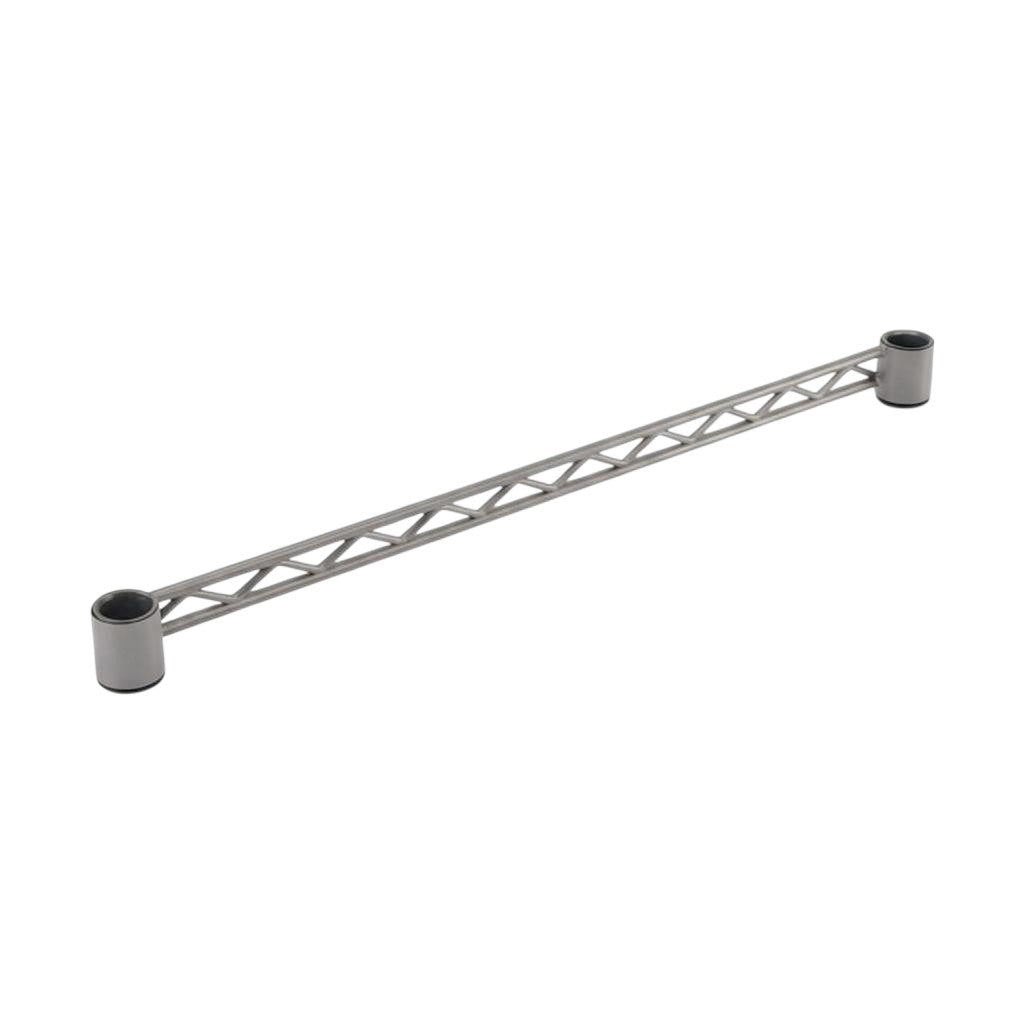 SuperSellerS 122 cm chrome support bar for Tubo shelving units, designed for structural stability and item retention.