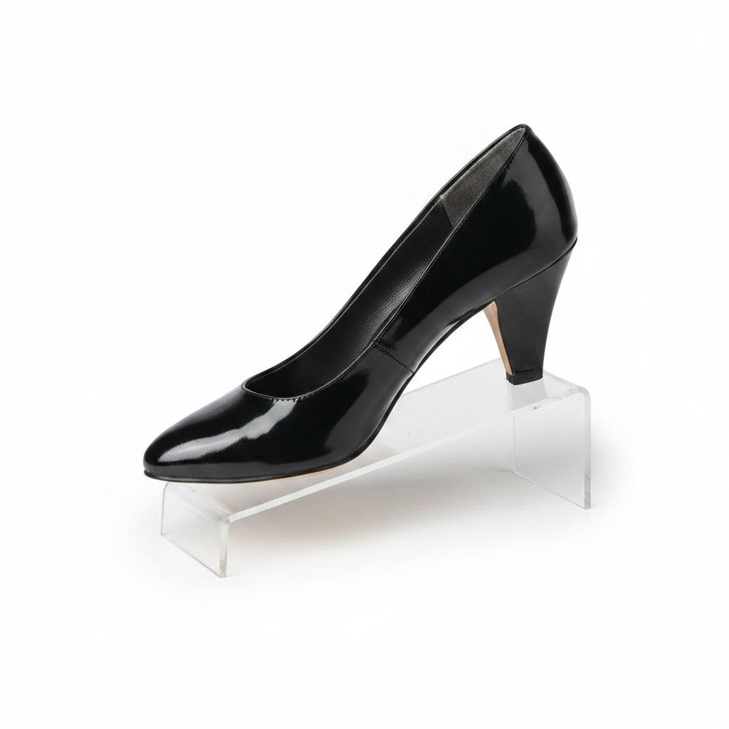 SuperSellerS clear acrylic shoe display stand holding a black high heel pump on a white background