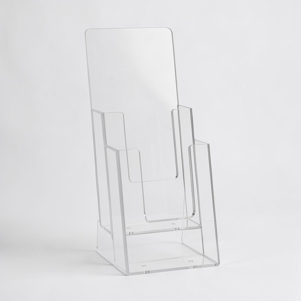 SuperSellerS clear acrylic M65 brochure holder with two tiers for organized display on tables or counters.