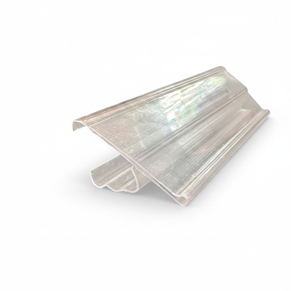 SuperSellerS clear plastic data strip with shelf grip for retail price labeling and signage on store shelves