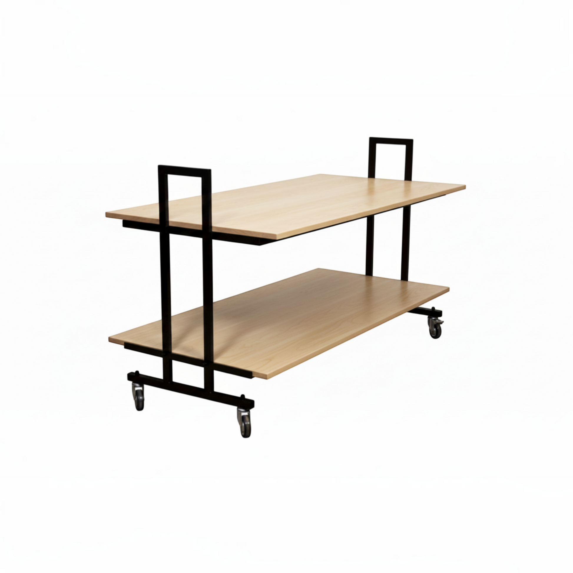 SuperSellerS double-tier retail display table with maple wood shelves and a black metal frame on wheels.