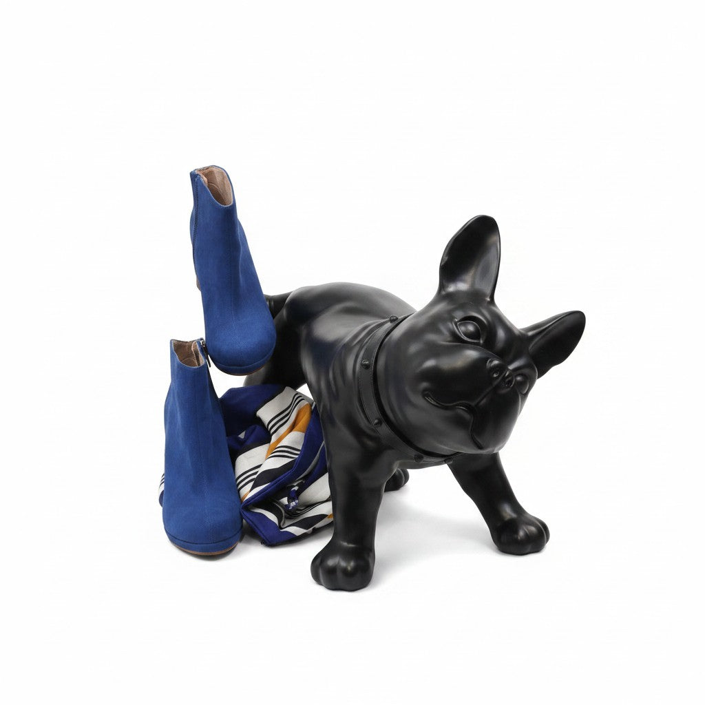SuperSellerS Luis matte black French bulldog mannequin display with blue suede ankle boots and a striped scarf