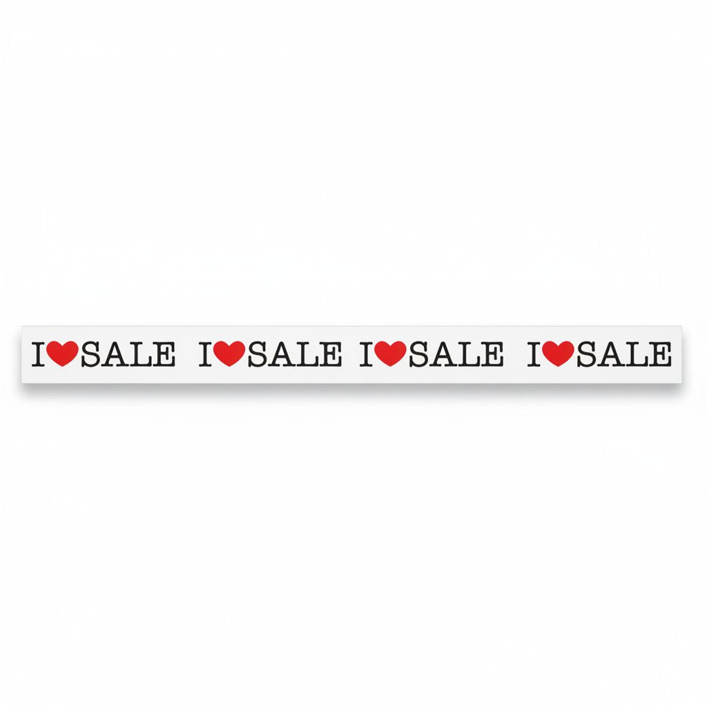 SuperSellerS I LOVE SALE window streamer with black text and red hearts, 120 cm long for retail shop displays.