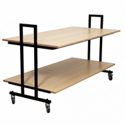 SuperSellerS L10 double-tier retail display table with maple wood shelves and a black metal frame on wheels.