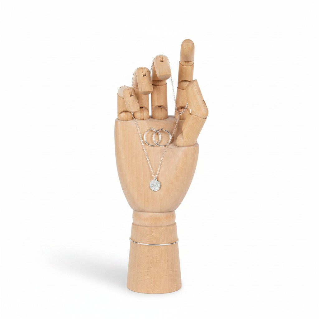 SuperSellerS light wood female display hand, 25.5 cm tall, showcasing a silver necklace and hoop earrings