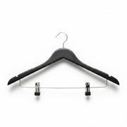 SuperSellerS matte black wooden adult hanger with non-slip rubber, notches, and adjustable metal trouser clips