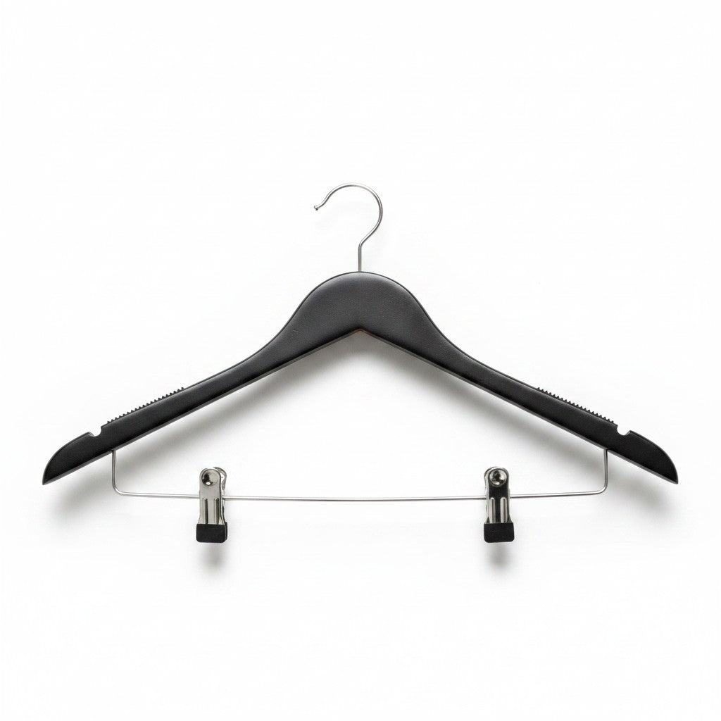 SuperSellerS matte black wooden adult hanger with non-slip rubber, notches, and adjustable metal trouser clips
