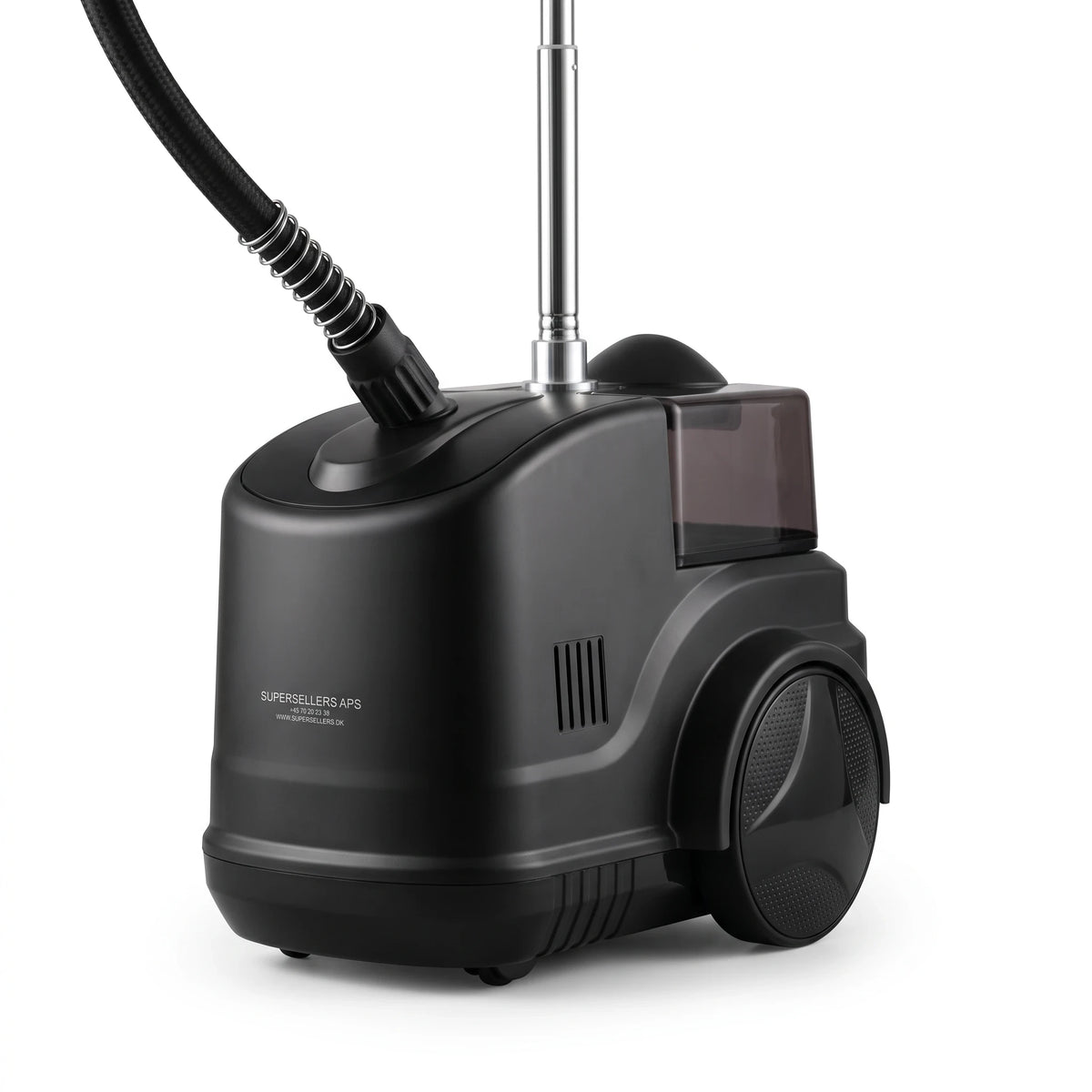 SuperSellerS professionel sort tøjsteamer med 3 liters vandtank og hjul til nem transport