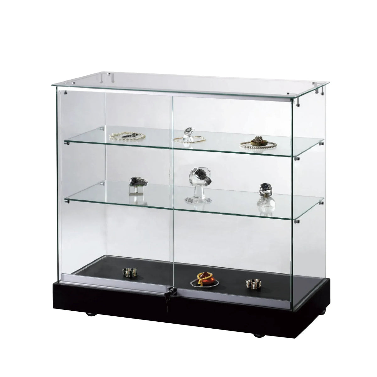 SuperSellerS Toscana III gulvvitrine i sort med hærdet glas, skydedøre, lås og hjul til butiksudstilling.