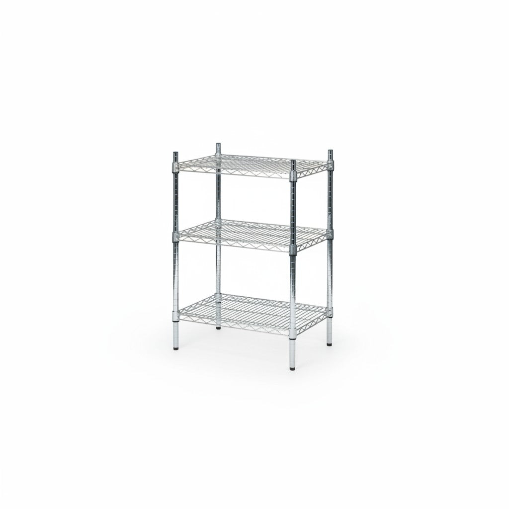 SuperSellerS TUBO three-tier chrome wire shelving unit for retail display with adjustable feet