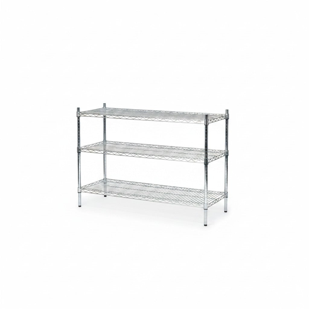 SuperSellerS TUBO 3-tier chrome wire shelving unit with adjustable shelves for storage, office, or garage use.