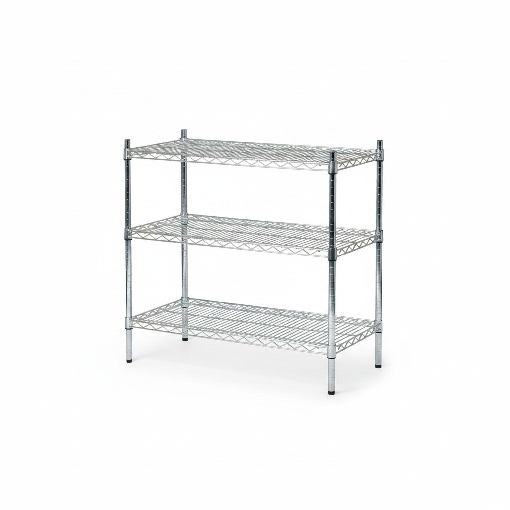 SuperSellerS TUBO 3-tier chrome wire shelving unit for office or garage storage with adjustable leveling feet