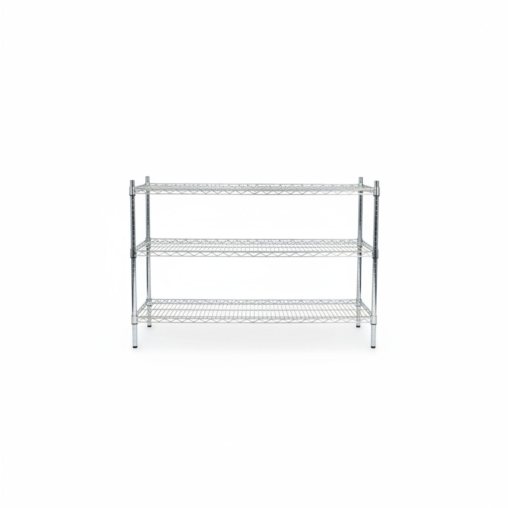 SuperSellerS TUBO three-tier chrome wire shelving unit with adjustable shelves for retail display and storage