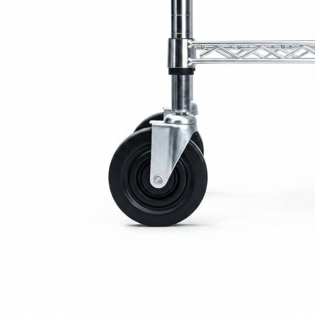 SuperSellerS Tubo heavy-duty 125mm swivel caster wheel attached to a chrome wire shelving unit